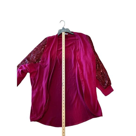 7Th Roy Cardigan Sweater Women Large Red Polyester Stretch Beaded Bubble Sleeves - Picture 3 of 4